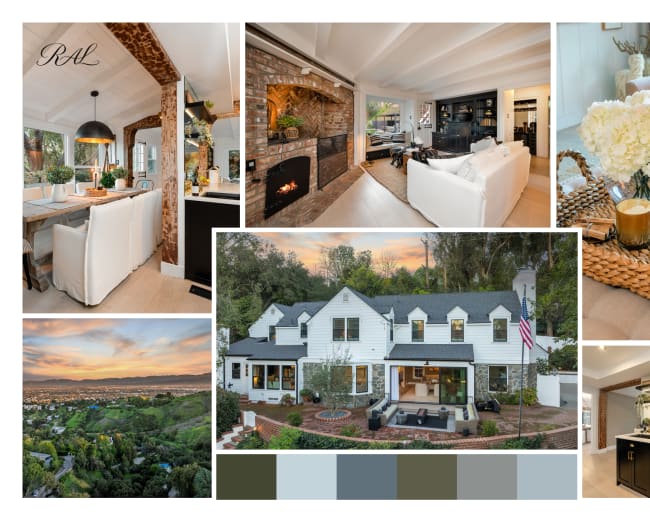 The image features a collage of a modern home interior and exterior, showcasing a cozy living room, a stylish kitchen, a scenic view, and the home's façade with landscaping.