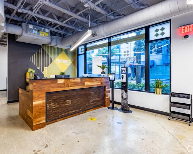 A modern reception area with a wooden front desk, large windows, and plants near the windows.