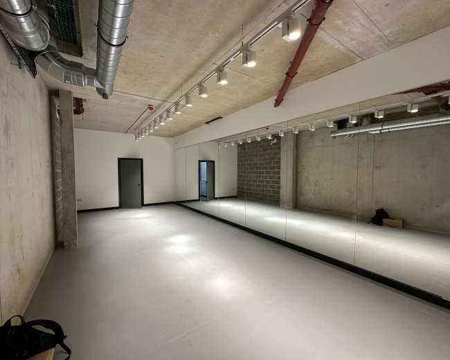 The image shows an empty studio space with concrete walls, a mirrored wall, and overhead lighting.