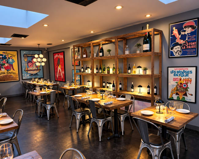 The image shows a modern restaurant interior with wooden tables, metal chairs, and shelves displaying wine bottles against a backdrop of colorful vintage posters.