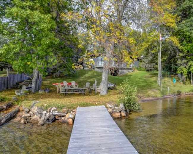 A wooden dock extends into a calm lake, with a grassy area and a house partially obscured by trees in the background.