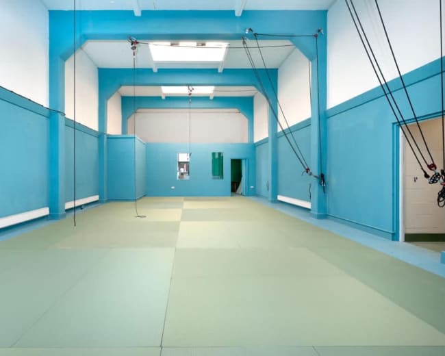 The image shows a spacious room with blue walls, a green mat floor, and hanging equipment from the ceiling.