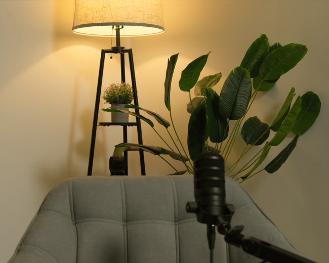 A gray upholstered chair is positioned in front of a potted plant and a tripod lamp emitting soft light against a white wall.