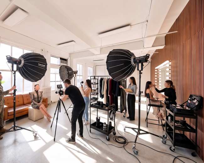 A photoshoot is taking place in a well-lit studio, featuring a model sitting on a couch while photographers and assistants prepare equipment and clothing.