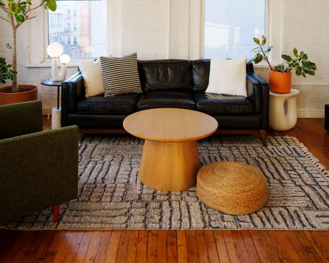 The image shows a stylish living room featuring a black leather sofa, a wooden coffee table, and potted plants, with large windows allowing natural light to enter the space.