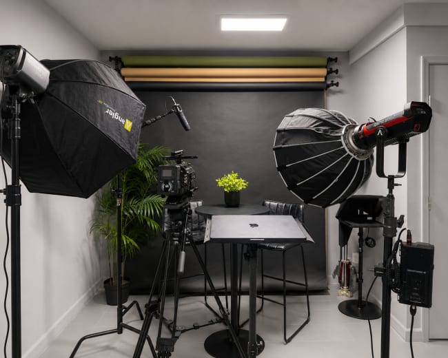 A photography studio is set up with two softbox lights, a camera on a tripod, a backdrop, and a small table with a potted plant.