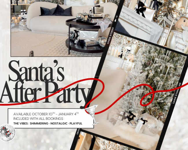 The image features a stylish living room decorated for a holiday event, with a prominent disco ball, festive ornaments, and elegant furnishings.