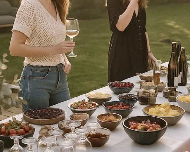 A table is set outside with a variety of dishes and drinks, while two women engage in conversation.