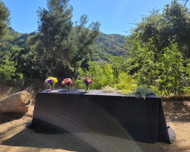 A black table is set outdoors with several vases of flowers in front of a backdrop of green hills and trees.