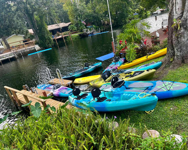 A collection of brightly colored kayaks is lined up along a grassy bank by a calm river, with a small wooden dock leading into the water.