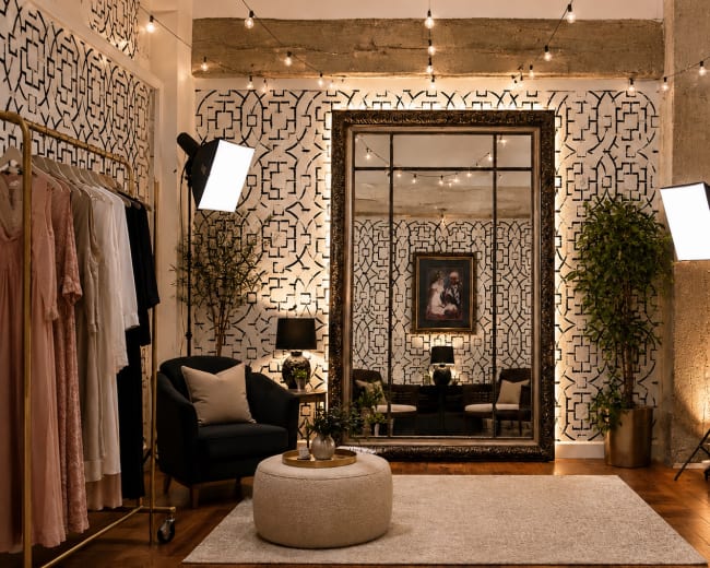 The image shows a styled interior space featuring a large framed mirror, decorative clothing racks with dresses, plants, and soft lighting from floor lamps.