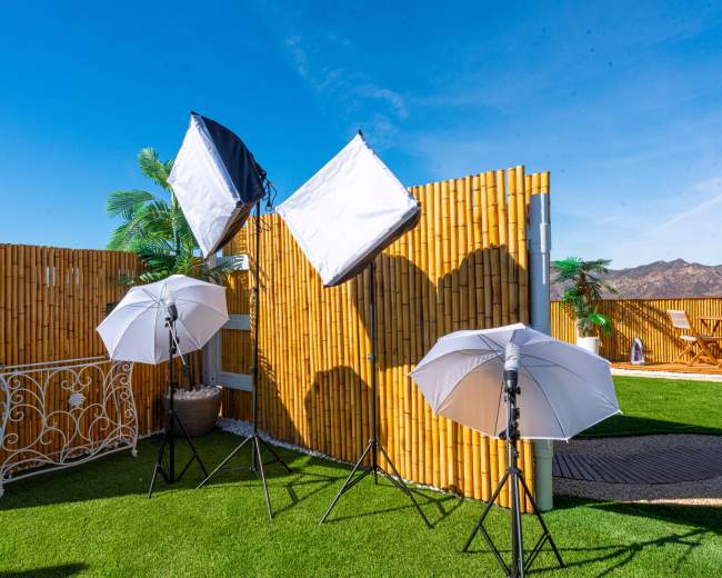 The scene features three photography light setups positioned on grass, surrounded by bamboo fencing and potted plants under a clear blue sky.