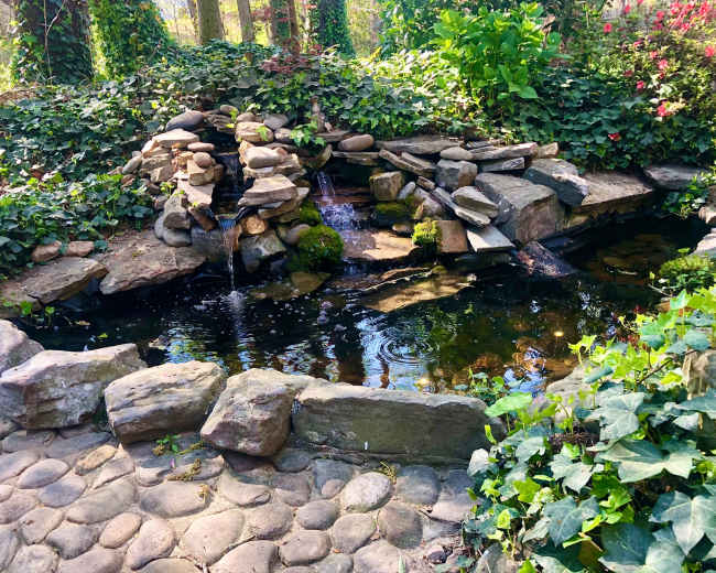 A natural stone fountain surrounded by greenery and a pond with rippling water.
