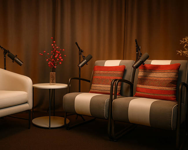 The image features a cozy seating arrangement with two armchairs and a small round table, adorned with a plant and a decorative vase.