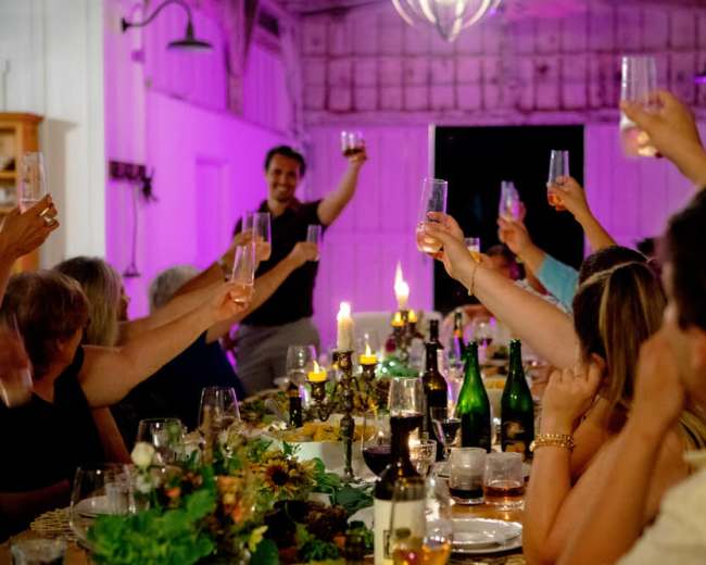 A group of people raises their glasses in a toast at a festive dinner table illuminated by candles and colored lights.