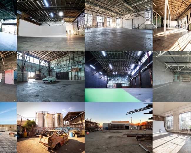 The image features a collage of various spacious industrial settings, showcasing open areas, high ceilings, and different lighting conditions, including both empty studios and locations with remnants of equipment and vehicles.