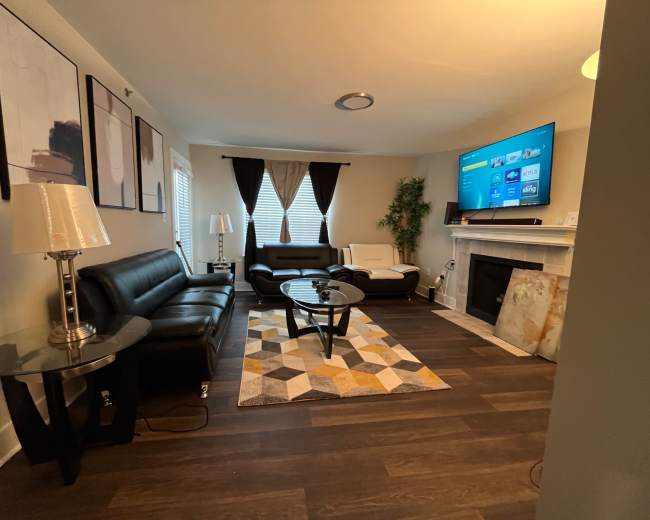 The image shows a modern living room with a black leather sofa, a white armchair, a circular coffee table on a geometric rug, and a television mounted on the wall above a fireplace.