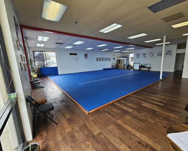The image shows a spacious martial arts training area with blue mats, wooden flooring, and a few chairs along the walls.