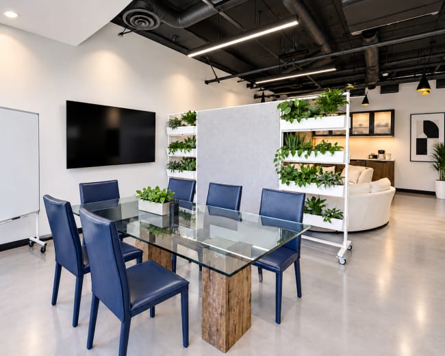 A modern conference room features a glass table surrounded by blue chairs, with a green plant divider and a large screen on the wall.