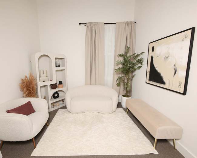 The image shows a cozy living space with two upholstered chairs, a curved couch, a large area rug, a decorative plant, a shelving unit, and a framed artwork on the wall.