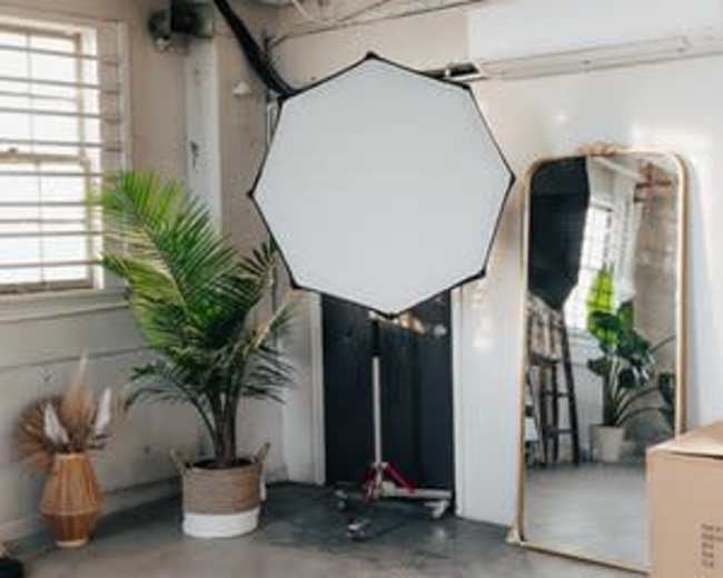 A photography studio features an octagonal softbox, a large mirror, and potted plants against a neutral backdrop.