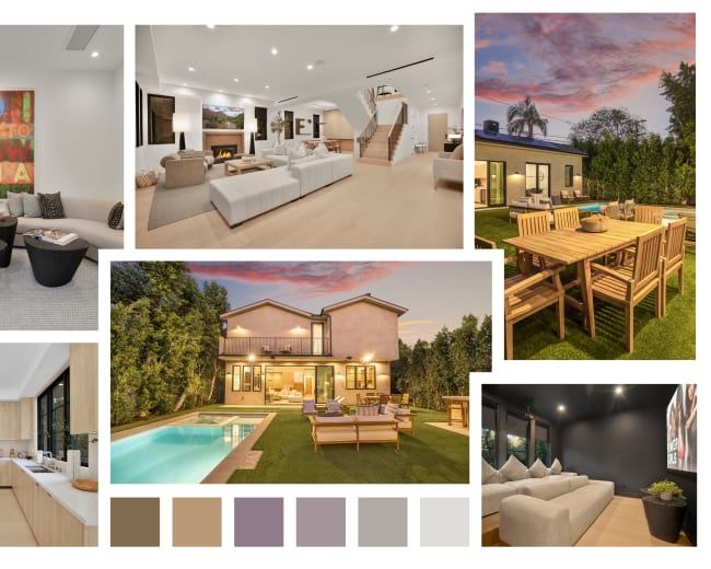 The image showcases a modern home with an inviting interior, outdoor living spaces, a swimming pool, and a vibrant sunset sky.