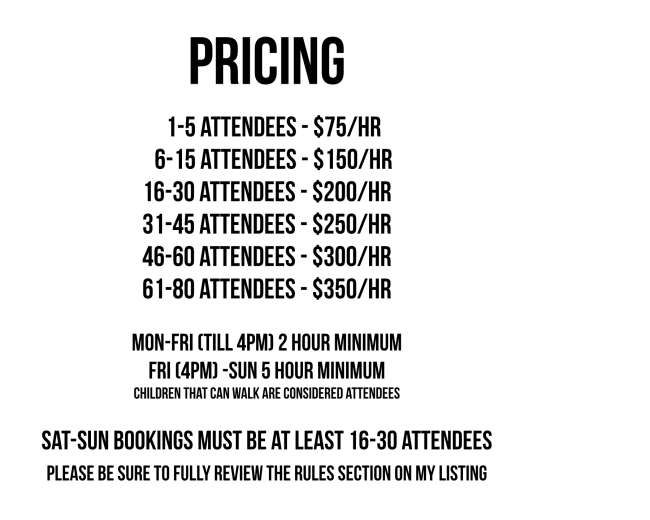 A pricing list for event attendees, detailing costs per hour based on group size and booking conditions.