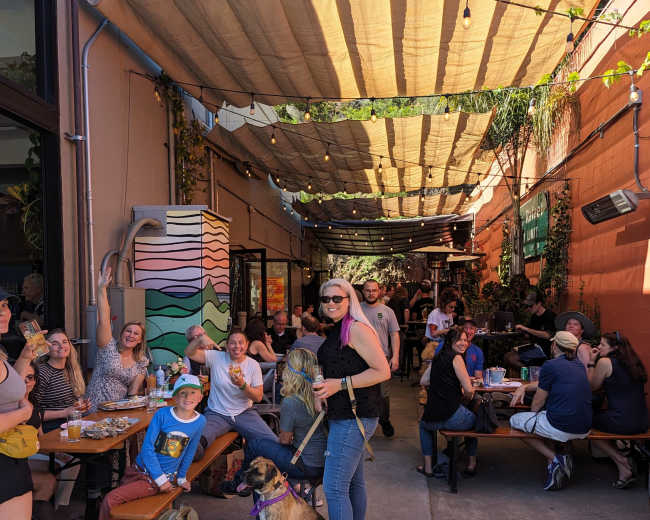 A crowded outdoor dining area features both people and dogs socializing under a canopy of fabric and string lights.