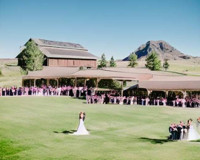 A bride and groom stand on a green lawn in front of a large gathering of guests at a rustic venue surrounded by mountains.