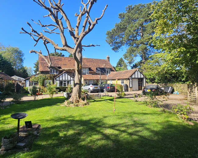 A large house with a steeply pitched roof and multiple gables is surrounded by a grassy area and a leafless tree.