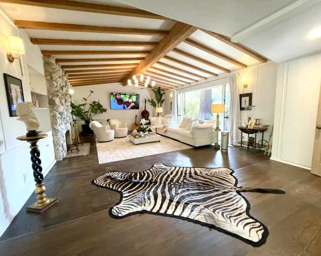 The image shows a spacious living room featuring a zebra-patterned rug, a stone accent wall, white furniture, and large windows allowing natural light to fill the space.