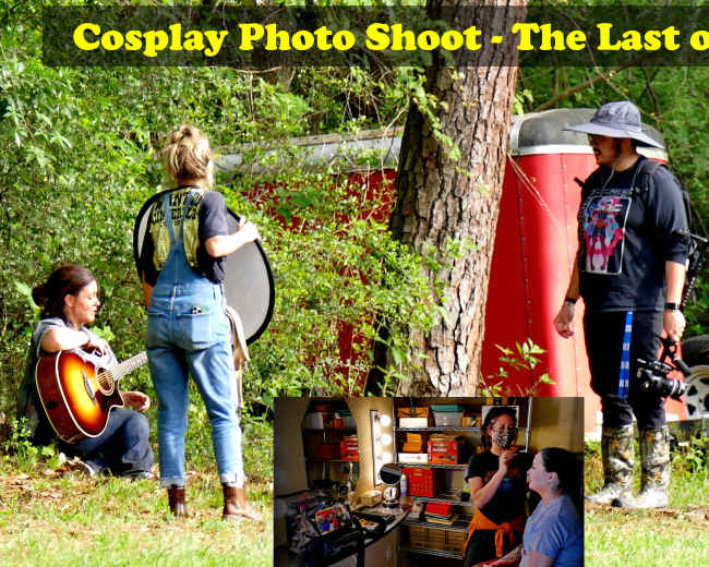 A group of cosplayers is engaged in a photo shoot for "The Last of Us Part II" in a wooded area, with one person playing the guitar and others coordinating the shoot.