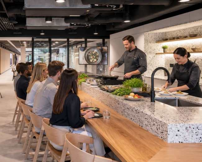 A group of people observes a chef preparing food at a modern kitchen counter in a well-lit culinary space.