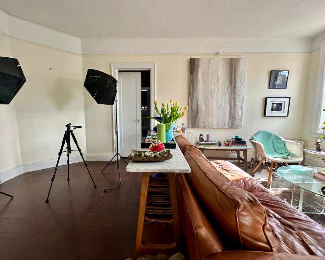 The image shows a living room setup featuring a brown leather sofa, a table with a decorative arrangement of flowers and food, and two softbox lights positioned on either side.