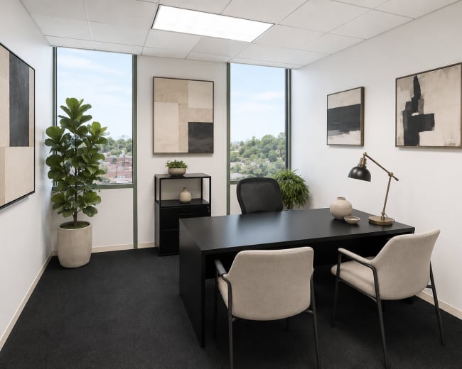 The image depicts a modern office space with large windows, a black desk, two upholstered chairs, and abstract artwork on the walls.