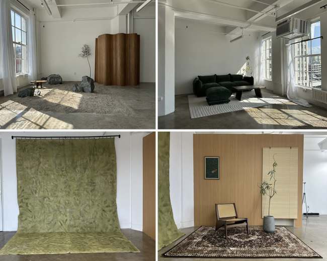 The image features four distinct interior scenes, showcasing modern, minimalist spaces with varying arrangements of furniture, textural elements, and decor.