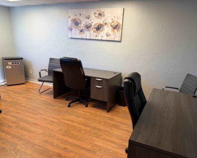 The image shows an office space with two desks, three chairs, and a decorative piece of art on the wall.