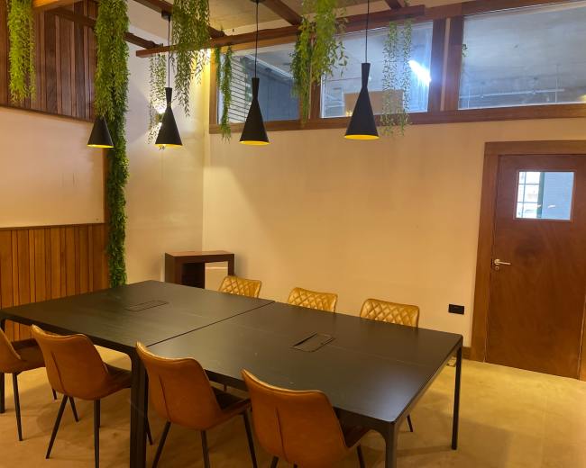 The image shows a modern conference room with a large black table surrounded by brown chairs, hanging plants, and pendant lighting.