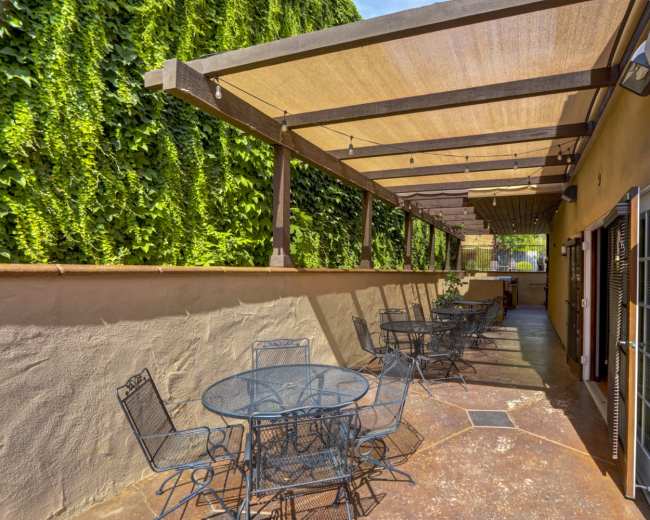 The image shows a patio area with several round tables and chairs shaded by a large canopy and surrounded by green foliage.
