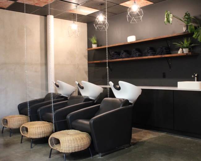 The image shows a modern hair salon interior featuring three black shampoo chairs, a wooden shelf with plants, and a minimalist counter.