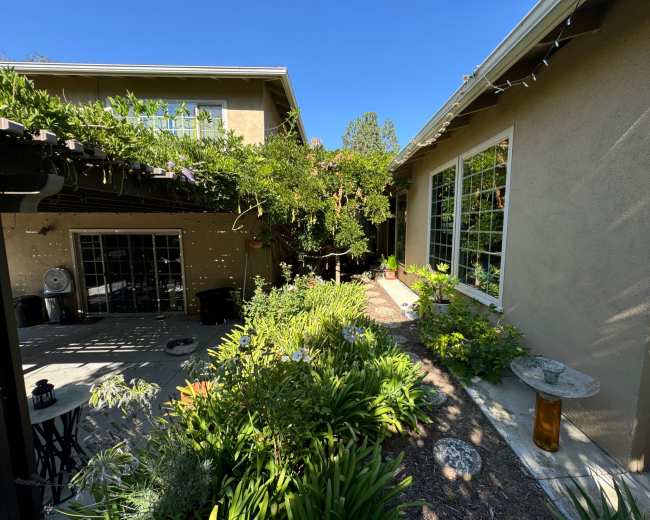The image shows a patio area surrounded by lush greenery and two buildings, with a clear blue sky overhead.