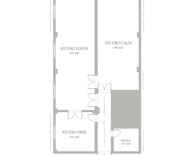 The image displays a floor plan of a space featuring three designated areas labeled "Studio Loom," "Studio Calm," and "Studio Mise," along with a kitchen.