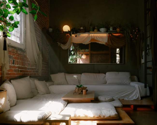 The image features a cozy living space with a large, cushioned seating area, a wooden table, and plants adorning the shelves and windows.