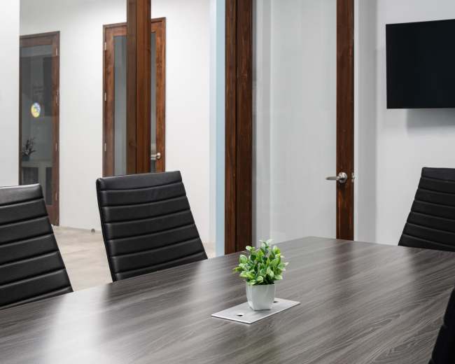The image shows a modern conference room with a rectangular table surrounded by six black chairs, featuring a small potted plant at the center and glass-paneled doors in the background.