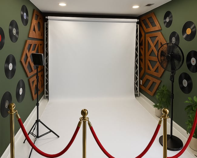 A photo studio features a white backdrop with a spotlight, surrounded by black vinyl records on the walls and red velvet ropes at the entrance.