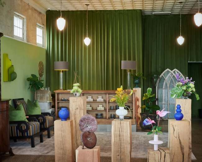 The image shows a modern interior space with green curtains, wooden display pedestals featuring floral arrangements, and a wooden reception desk in the background.