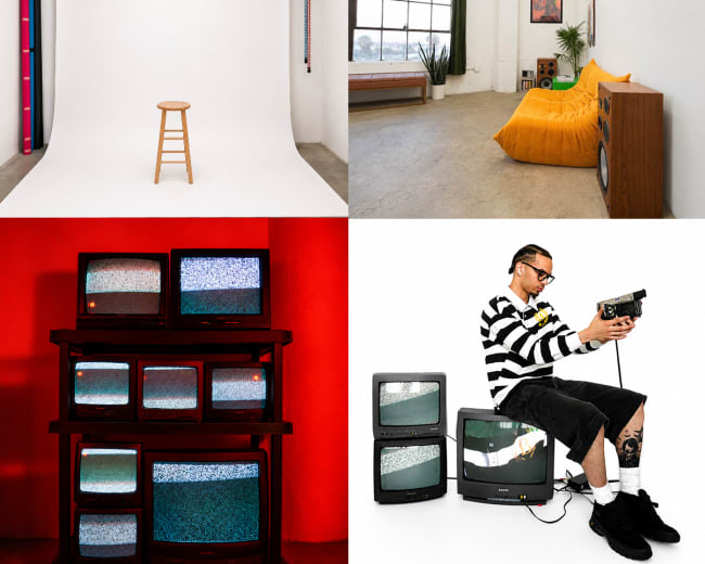 The image features a collage with a photography studio setup, a cozy living room with a beanbag chair, a collection of vintage televisions displaying static, and a person in striped clothing holding an old video camera.