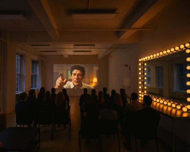 A group of people sits in a modern room, watching a large projection of a man giving a thumbs-up, with illuminated mirrors on one wall.