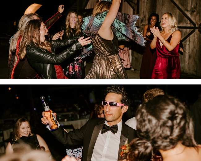 A lively dance party takes place in a barn, featuring guests in formal and festive attire, celebrating with laughter and movement.