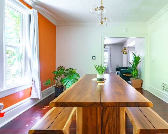 The image shows a wooden dining table with benches in a brightly lit room featuring orange and white walls and a plant in the center of the table.
